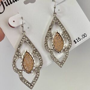 Jillian Michel Filagree cutout silver/goldtone,tiny rhinestones,dangle fish hook